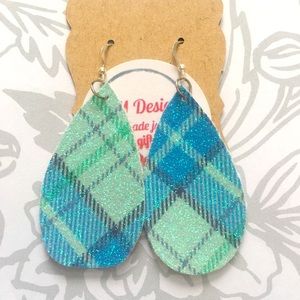 Sparkly hand cut blue & green plaid earrings